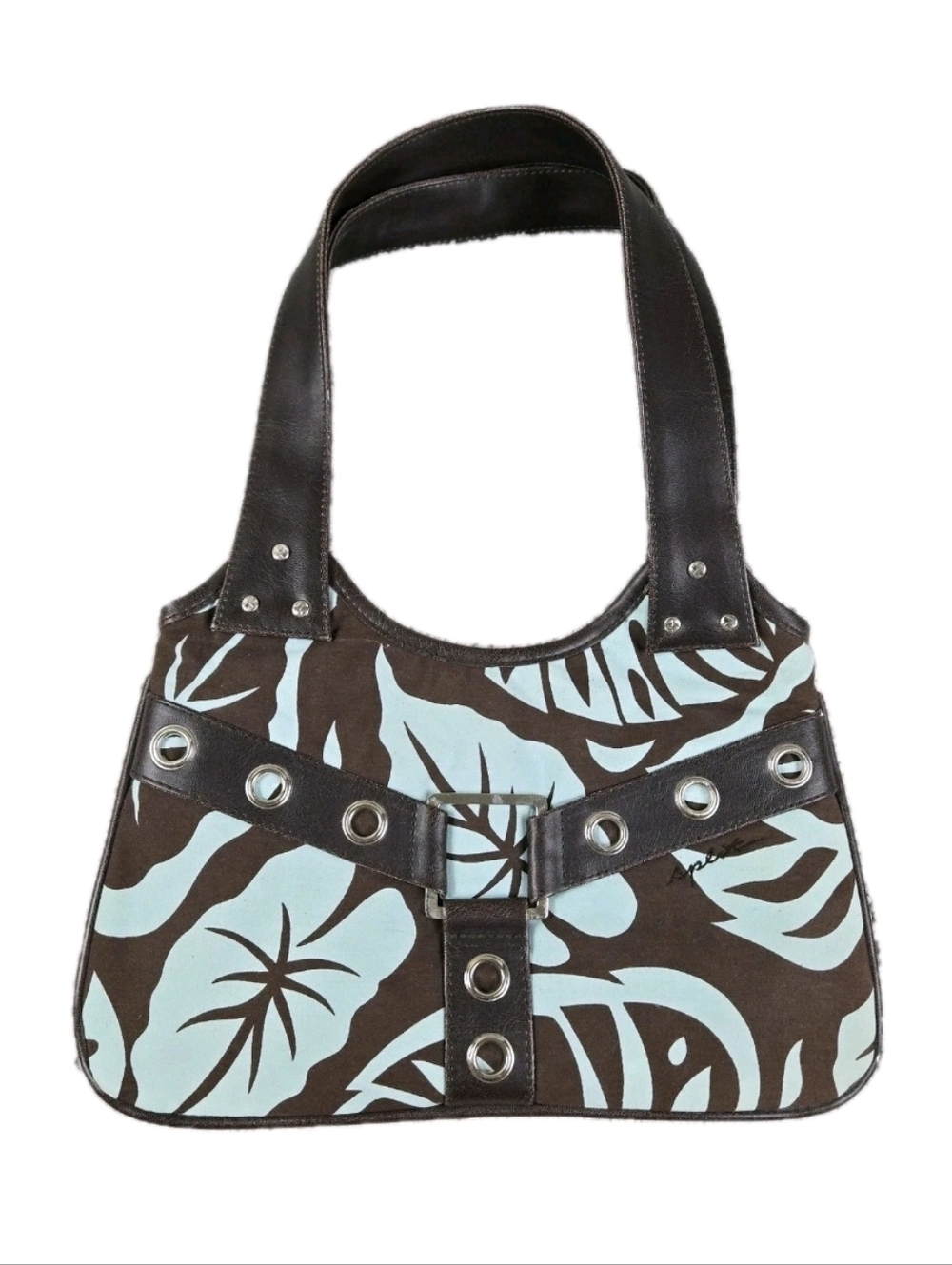 Y2k Split Inc Small Handbag Canvas Tropical Leaves Leather Buckle Accents Summer